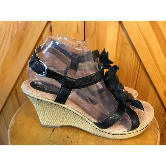 BOC Born Concepts Wedge sandals black leather 3D flowers sz 10 - Picture 3 of 10